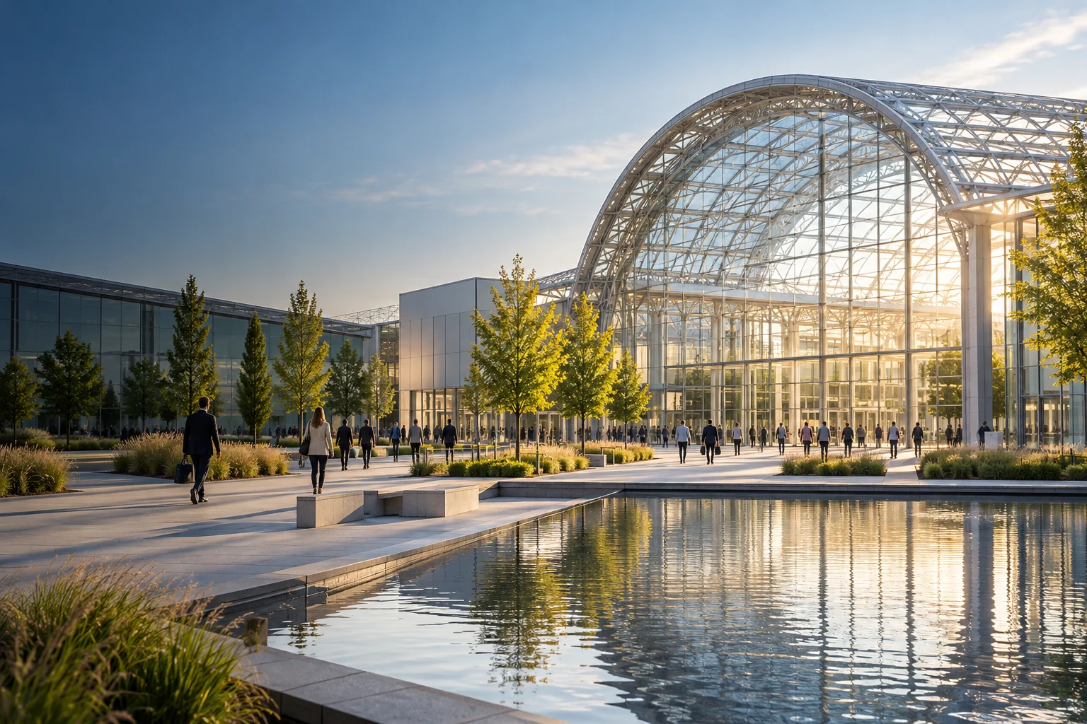 KI-Themenbild: moderne Messehallen mit großer Glashalle; kein Veranstaltungsfoto