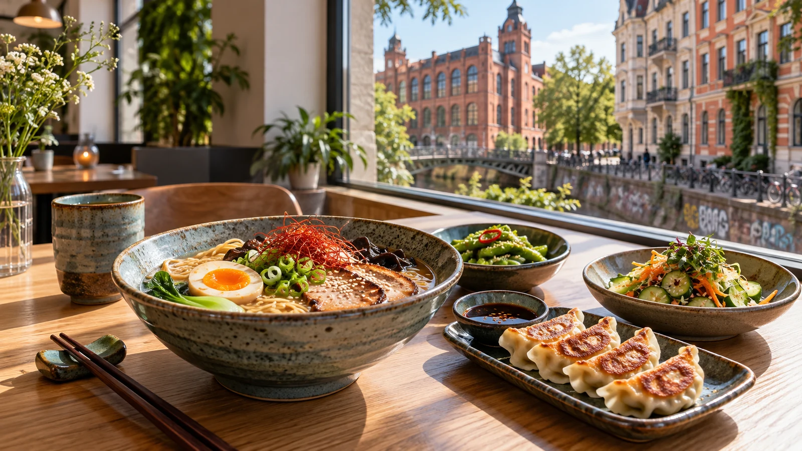 KI-Themenbild: Asiatisch essen in Leipzig mit Leipziger Stadtmotiv