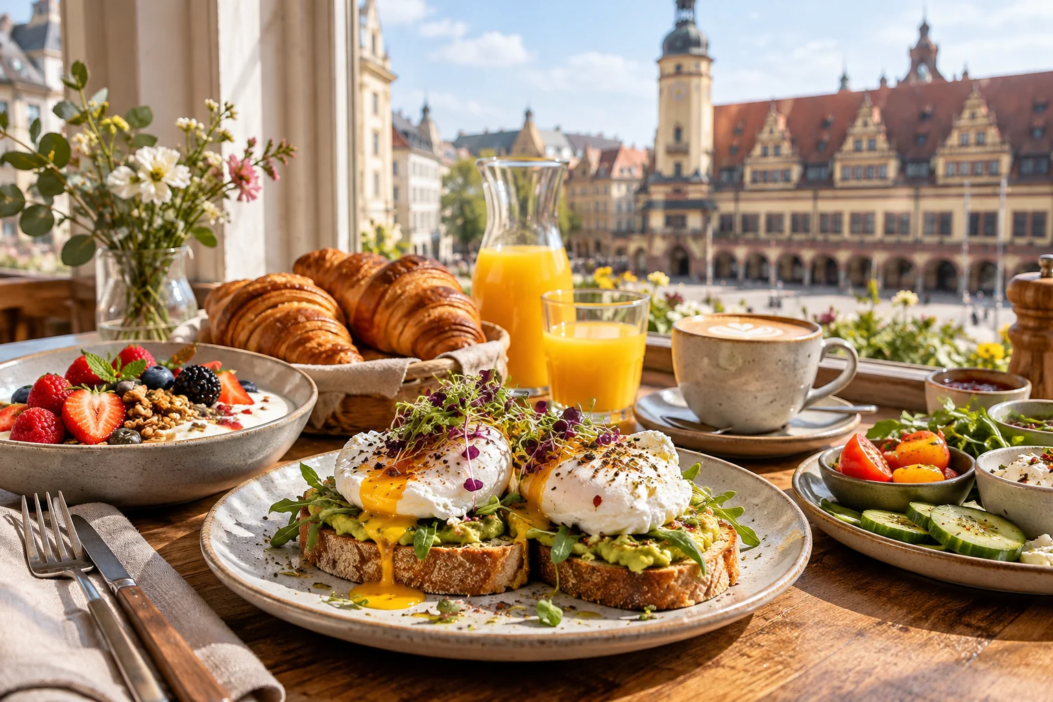 KI-Themenbild: Brunch mit Frühstücksspeisen und Leipziger Stadtmotiv
