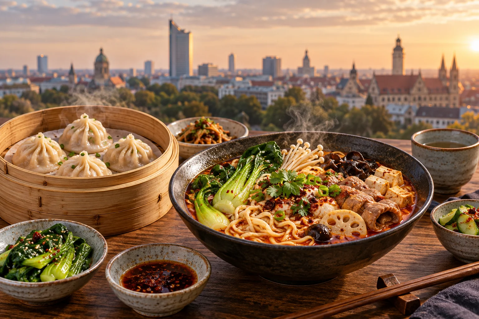 KI-Themenbild: Chinesisch essen in Leipzig mit Leipziger Stadtmotiv