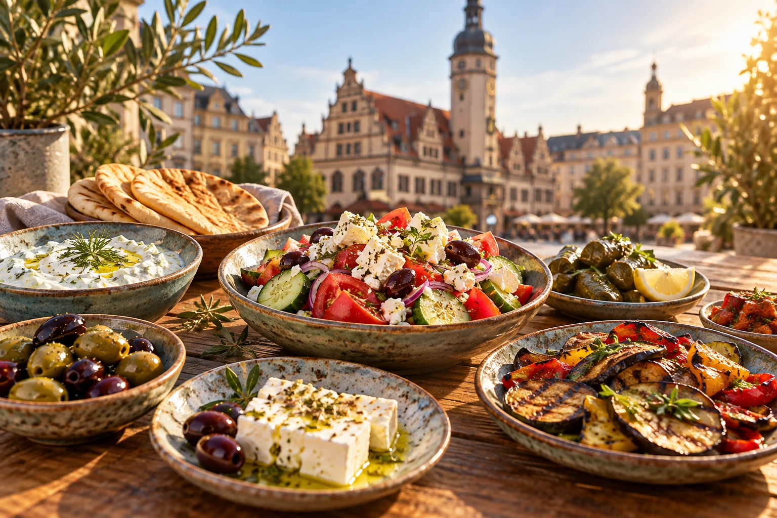 KI-Themenbild: Griechisch essen in Leipzig mit Leipziger Stadtmotiv