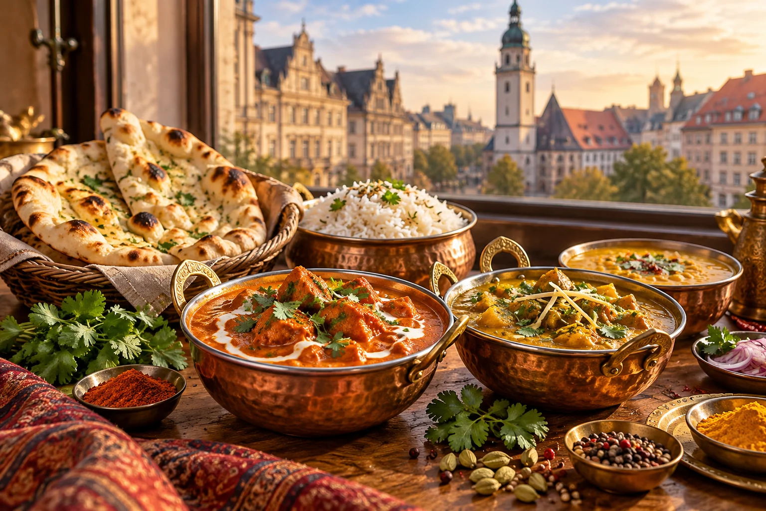 KI-Themenbild: Indisch essen in Leipzig mit Leipziger Stadtmotiv