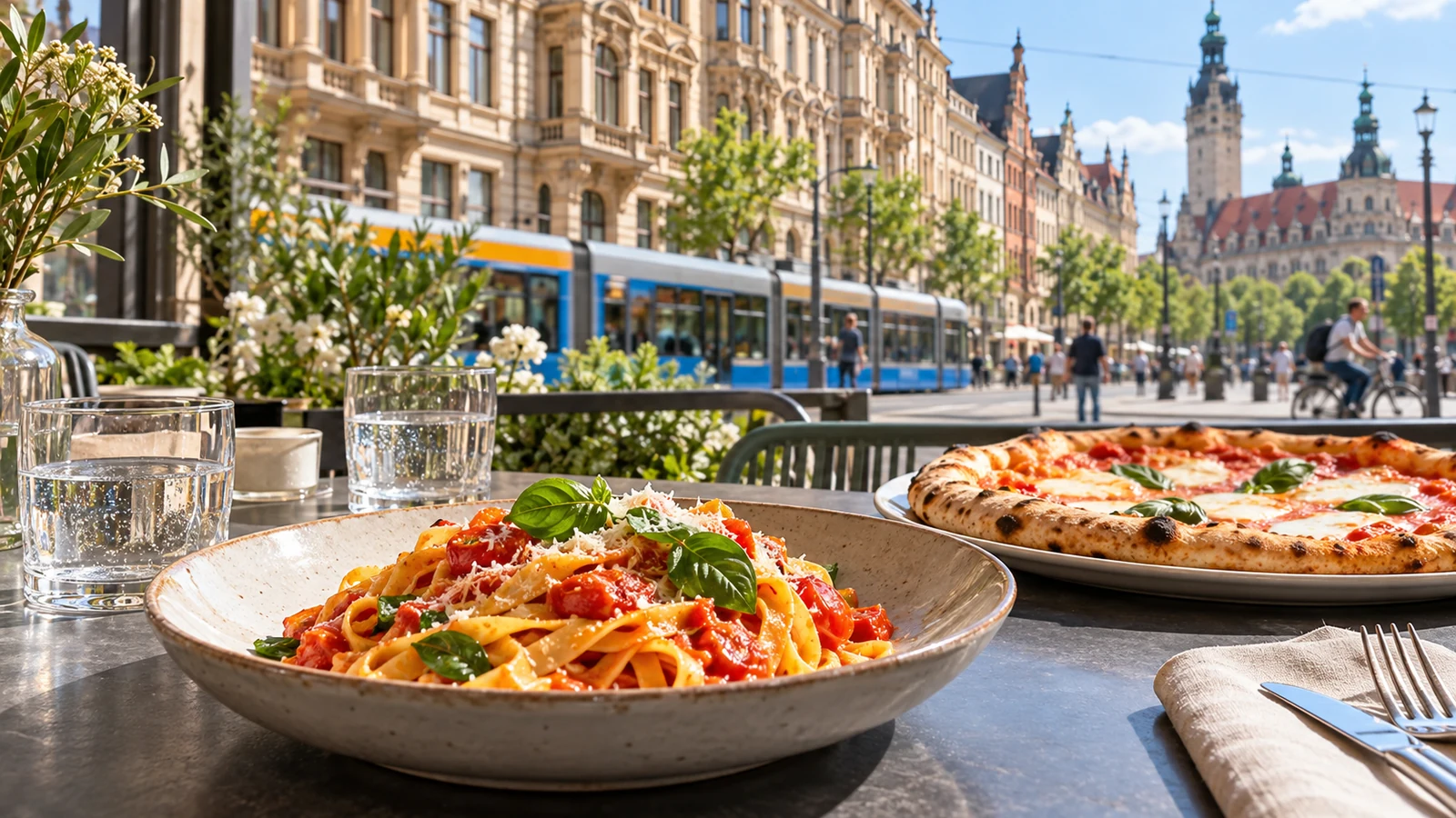 KI-Themenbild: Italienisch und mediterran mit Leipziger Stadtmotiv