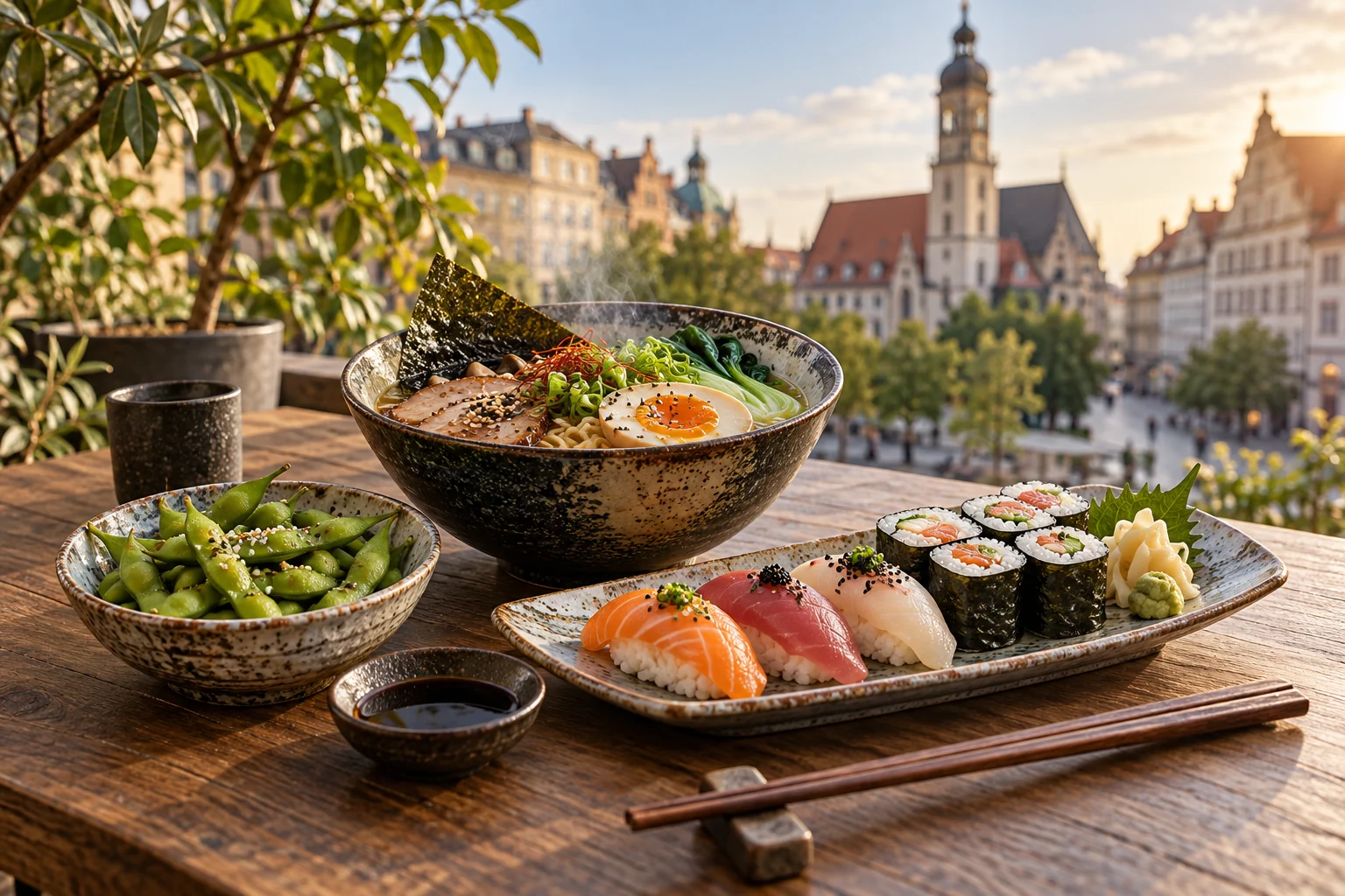KI-Themenbild: Japanisch essen in Leipzig mit Leipziger Stadtmotiv
