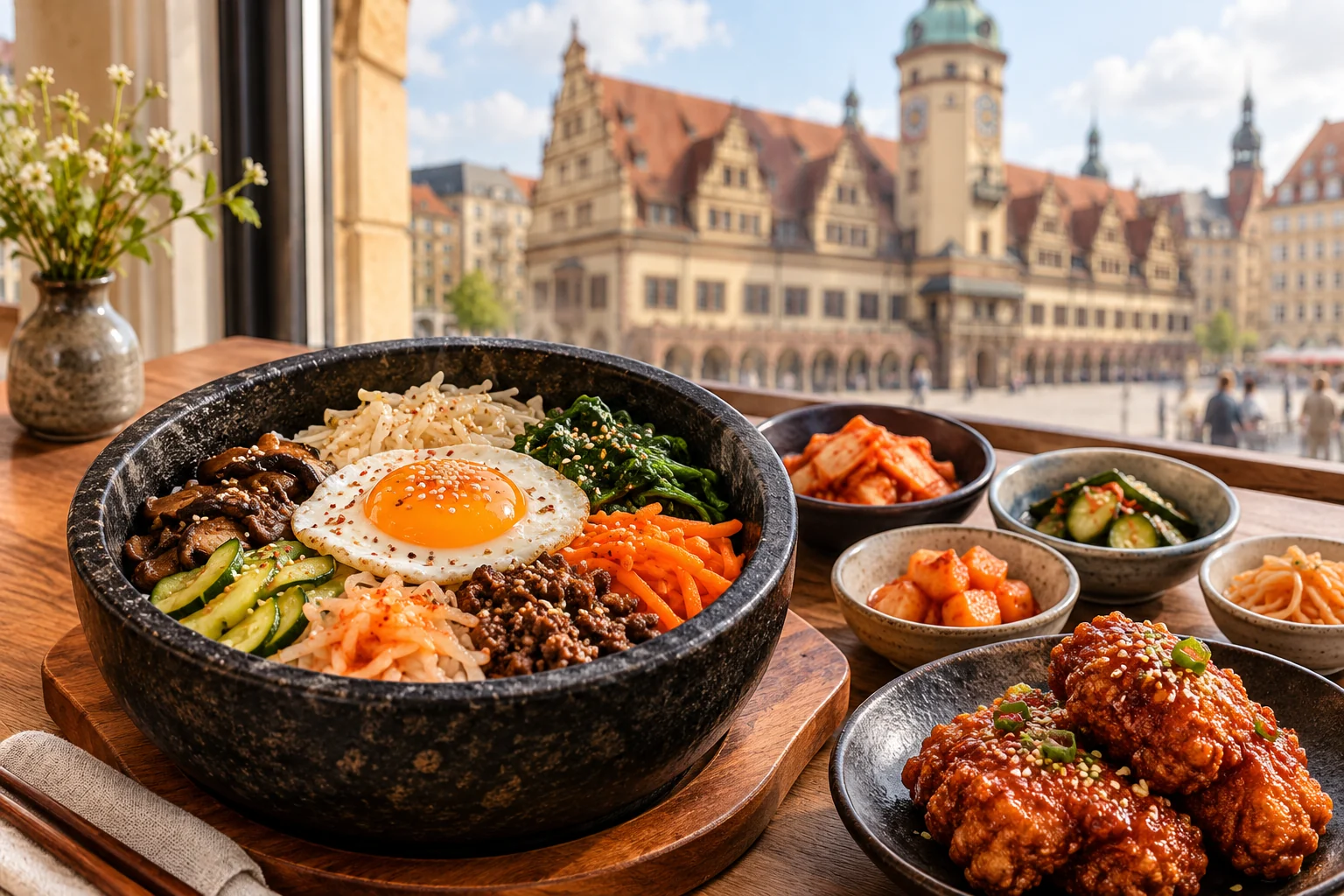KI-Themenbild: koreanische Reisgerichte, Beilagen und Fried Chicken mit Leipziger Stadtmotiv
