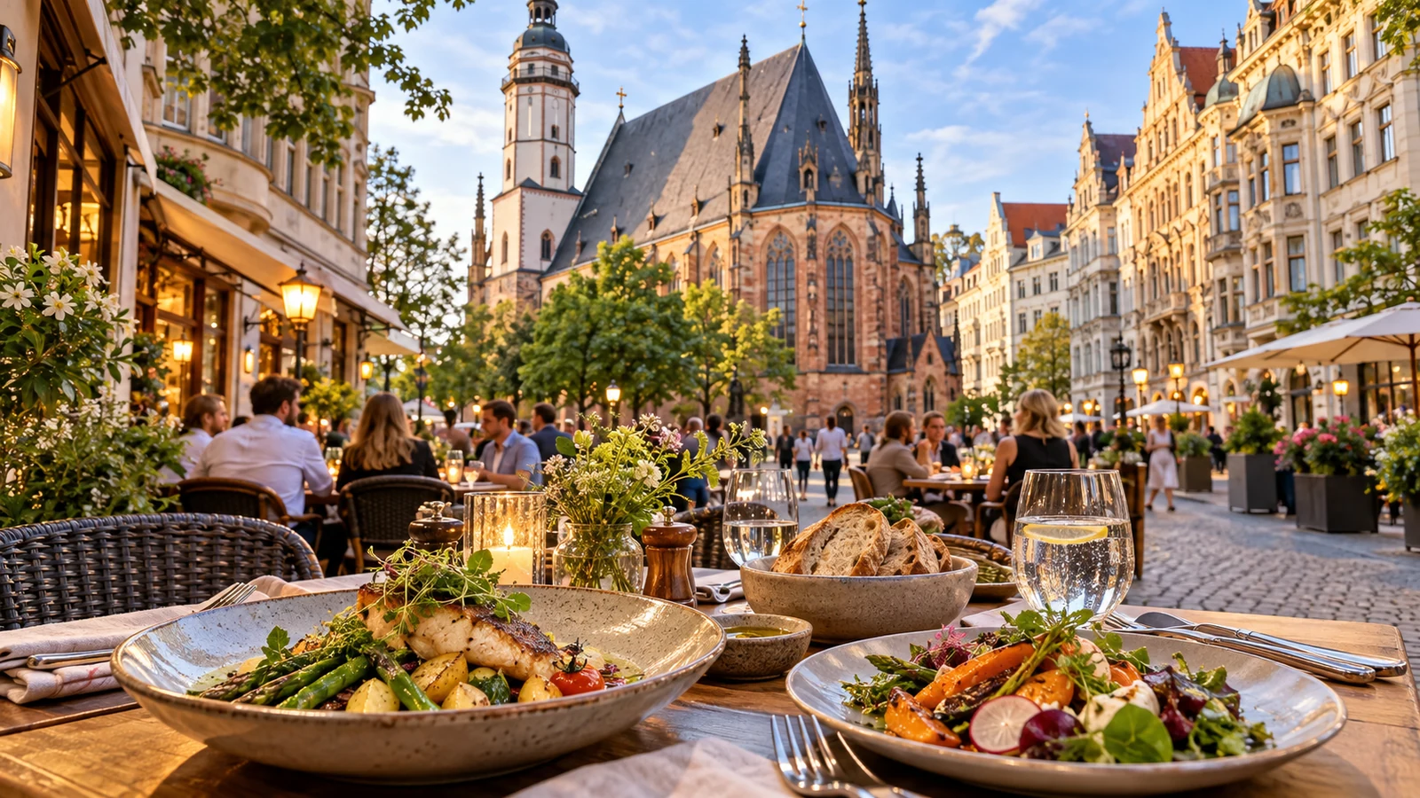 KI-Themenbild: gedeckter Tisch mit Restaurantgerichten und Leipziger Stadtmotiv