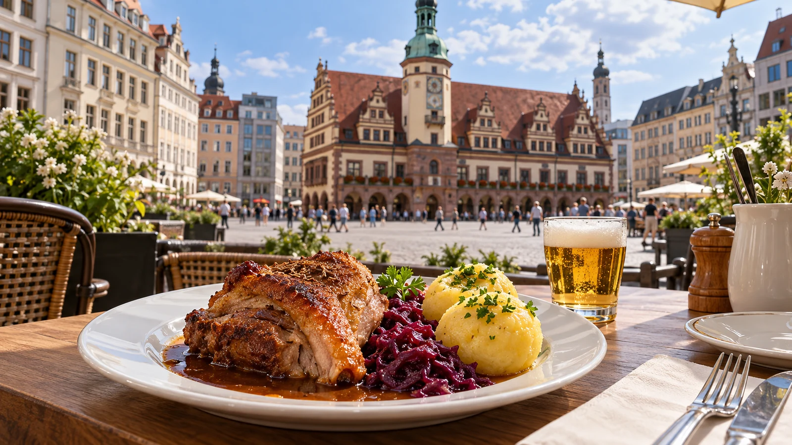 KI-Themenbild: Deutsche und sächsische Küche mit Leipziger Stadtmotiv