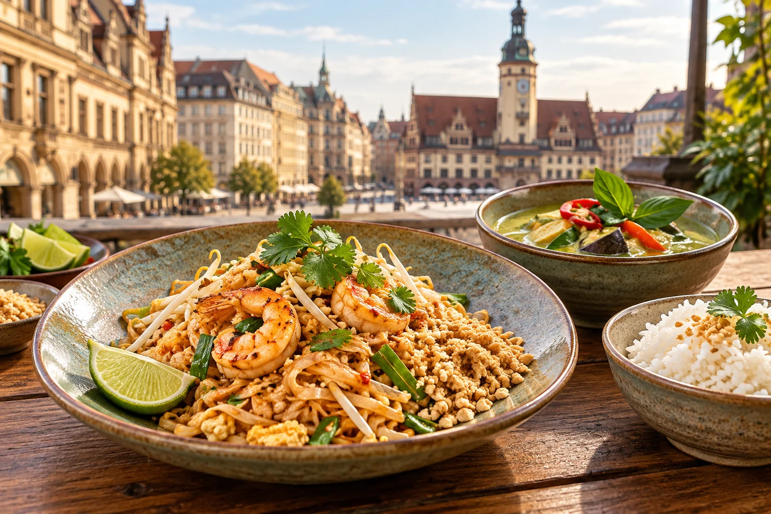 KI-Themenbild: Thailändisch essen in Leipzig mit Leipziger Stadtmotiv