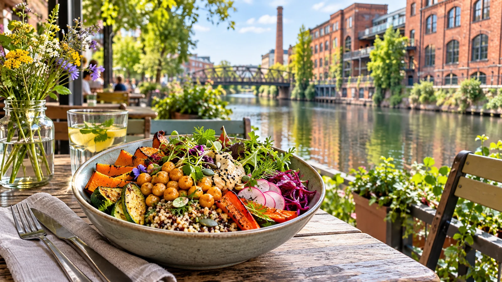 KI-Themenbild: Vegetarisch und vegan mit Leipziger Stadtmotiv