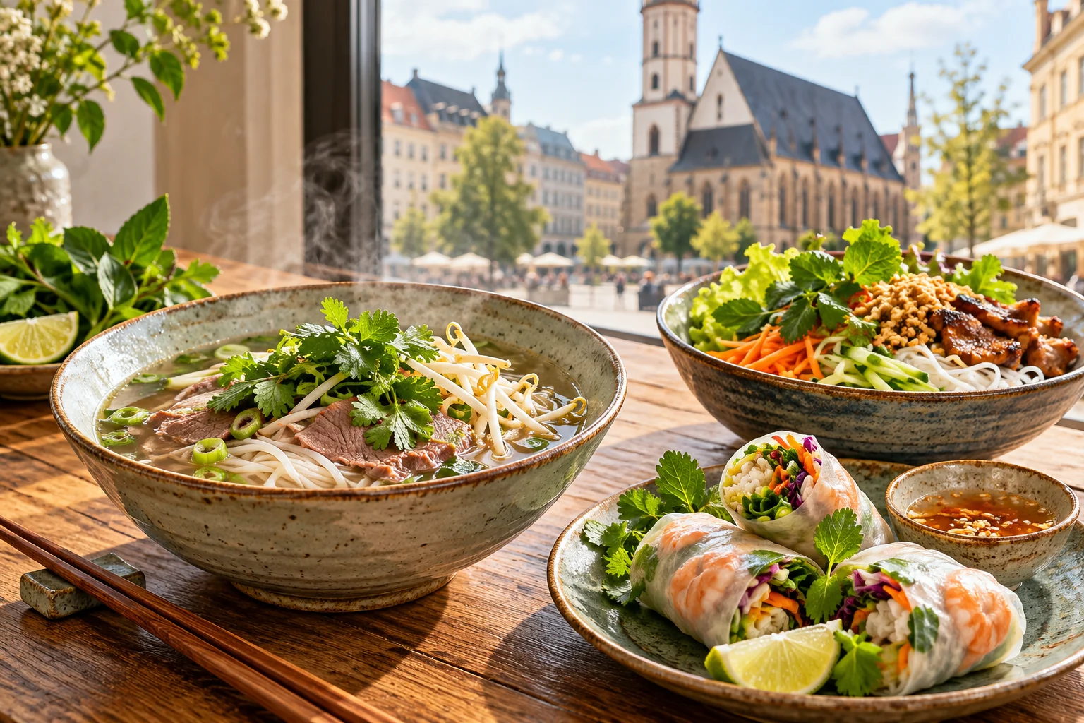 KI-Themenbild: vietnamesische Nudelsuppe, Sommerrollen und Reisnudelgericht mit Leipziger Stadtmotiv
